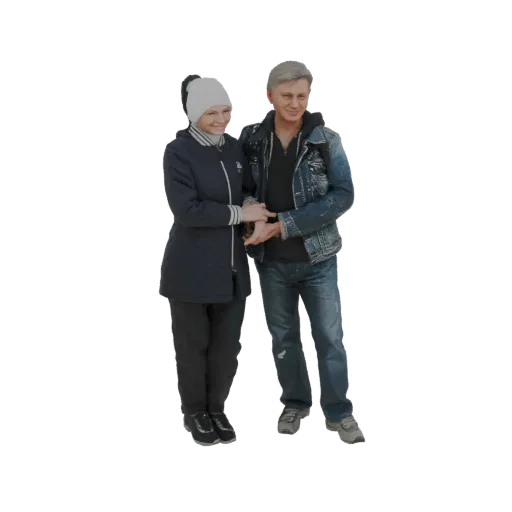 3D модель улыбающейся пары, держащейся за руки, в зимних куртках и шапках, на белом фоне.