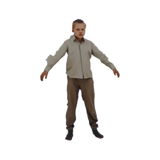 3D модель мальчика-подростка, стоящего с раскинутыми руками, в светлой рубашке и коричневых брюках.