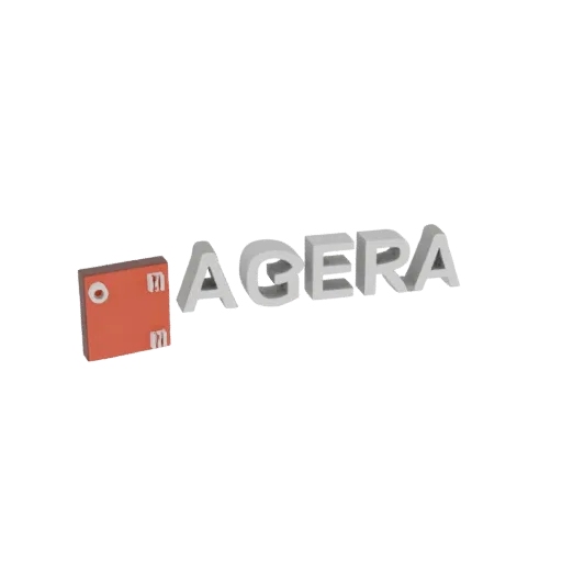 3D-рендер логотипа AGERA, показывающий красный квадратный значок с белыми деталями рядом со словом 'AGERA' белыми 3D-буквами.