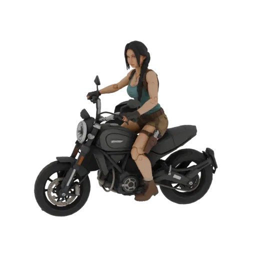 3D модель Лары Крофт, искательницы приключений, едущей на черном мотоцикле с решительным выражением лица.