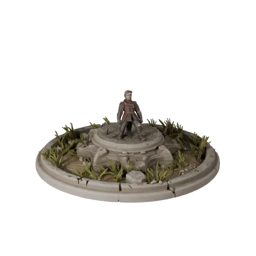 Реалистичная 3D-модель разрушенного круглого основания, показывающая форму ободка, вид сцены в три четверти, высоту и текстур