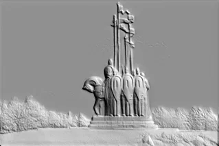3D барельеф Александра Невского с дружиной, изображающий князя и воинов в средневековых доспехах.