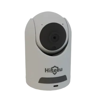 3D модель белой камеры Hiseeu с черным объективом и логотипом