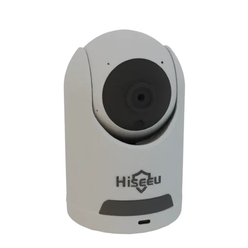 3D модель белой камеры Hiseeu с черным объективом и логотипом