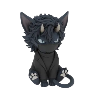 3D модель милого темно-коричневого чиби-демона-кота, сидящего, в черной маске и куртке, с маленькими рожками и выразительными