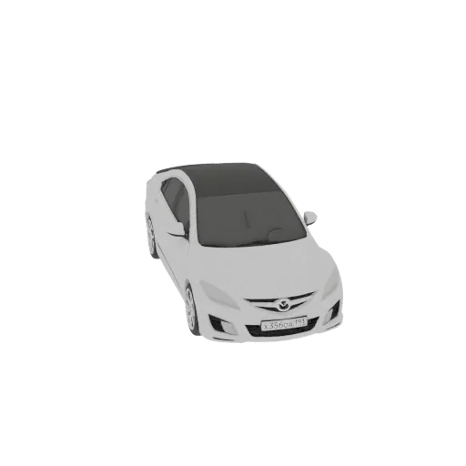 3D модель белого седана Mazda 6, вид спереди справа под небольшим углом на черном фоне.