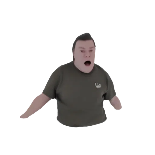 3D модель мужчины с открытым ртом в удивлении, в темной футболке, с вытянутыми руками.