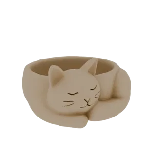 3D модель бежевого спящего кота-кашпо, мирно свернувшегося с закрытыми глазами.