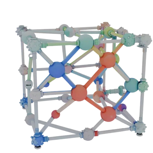 Печатаемая 3D-модель Органической кристаллической решетки, изометрический STL-рендер, показывающий цветные сферы, компоновка