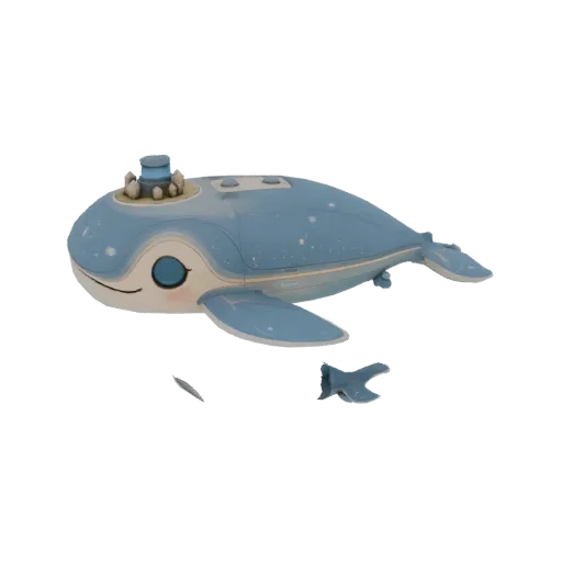 3D-рендер милой, светло-голубой подводной лодки в форме кита с большими глазами и декоративной рубкой на спине, на белом фоне
