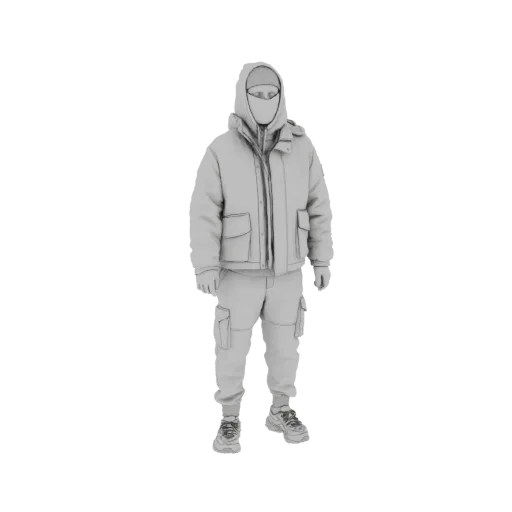 3D модель человека в сером зимнем тактическом костюме с курткой с капюшоном и брюками карго.