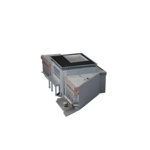 Реалистичная 3D модель торгового центра, вид снаружи под углом три четверти, показывающий материалы общедоступного здания и а