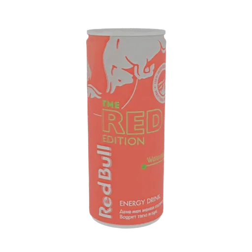 3D модель банки энергетического напитка Red Bull The Red Edition Watermelon на белом фоне.