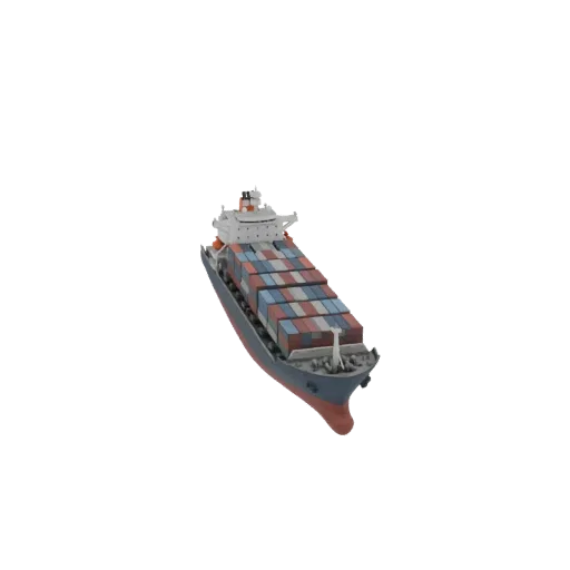 3D модель большого контейнеровоза со штабелями грузов на палубе на черном фоне.