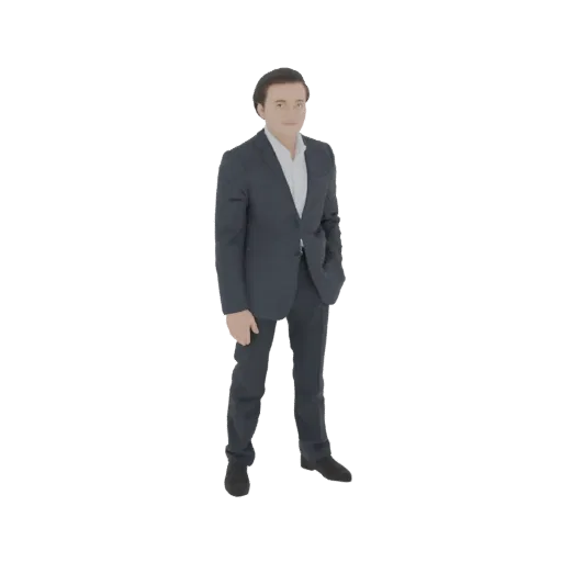 3D модель мужчины в темном костюме, стоящего с рукой в кармане, на черном фоне.