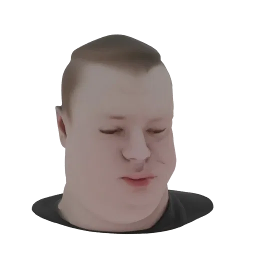 3D модель стилизованного пухлого лица с закрытыми глазами и гладкой, глиняной текстурой, на белом фоне.