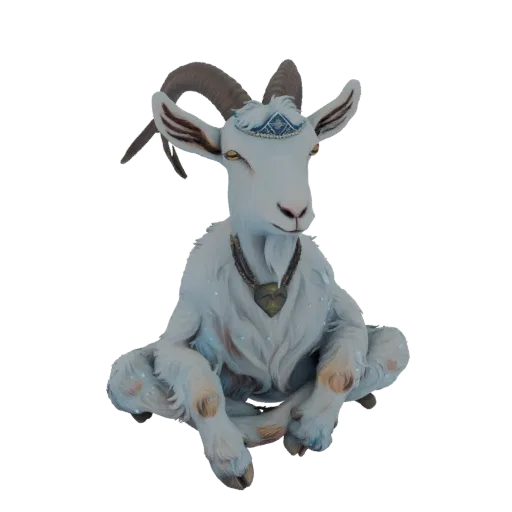 3D модель белого козла, сидящего в медитативной позе, с кулоном-сердцем и небесной короной.