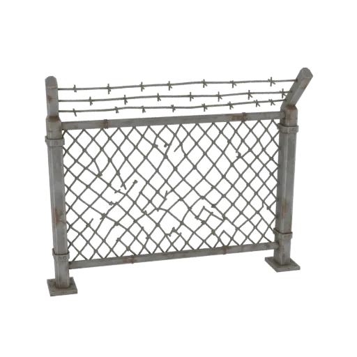 3D модель поврежденного сетчатого забора с колючей проволокой сверху, показывающая ржавчину и разрывы в сетке.