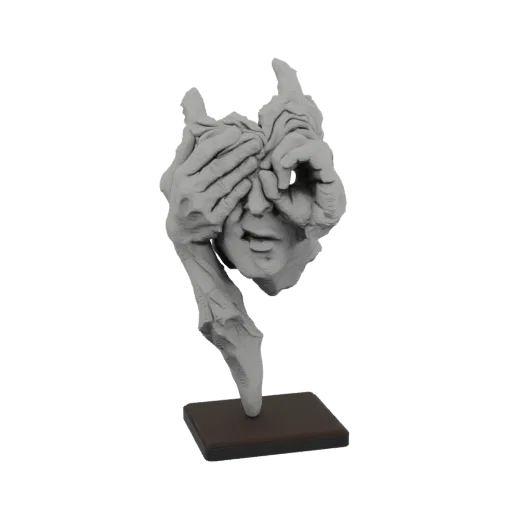3D модель абстрактной скульптуры человеческого лица с руками, закрывающими глаза, представленная на темном прямоугольном осно