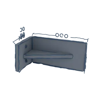 3D модель L-образного металлического уголка с четко отмеченными размерами 30, 100 и 600.