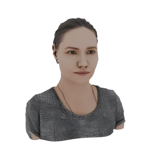 Рендер 3D модели бюста молодой женщины с темными волосами, собранными назад, и в серой текстурированной рубашке.