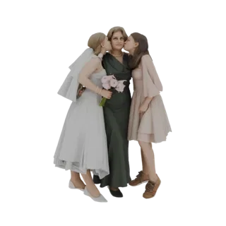 3D-модель матери, которую целуют две дочери: одна в свадебном платье, другая в розовом.