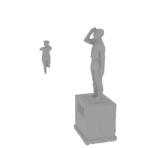 Рендер 3D модели серой статуи солдата, отдающего честь на постаменте, с меньшей бегущей фигурой слева.