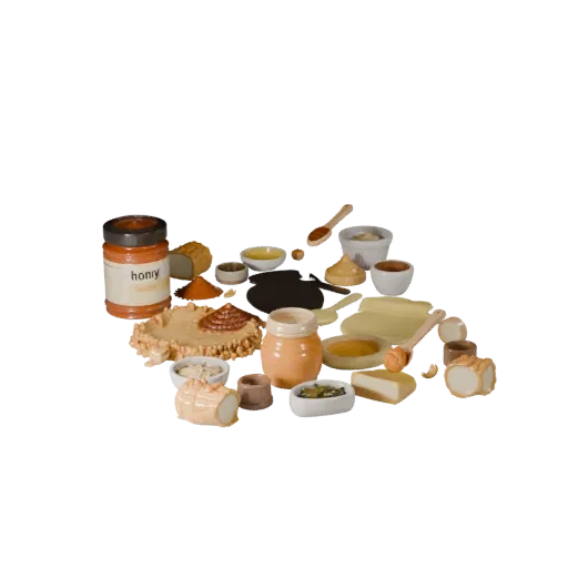 3D модель банки с медом для визуализации продукта, студийный рендер под углом три четверти, показывающий порошки, мелкие форм