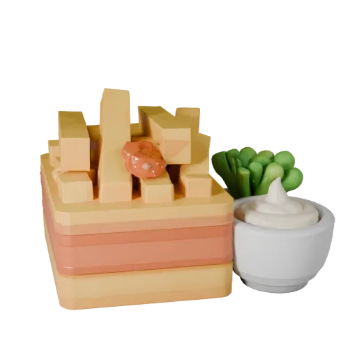 3D-модель картофеля фри для визуализации продукта, студийный рендер с трех четвертей, показывающий соусы, композиция на тарел