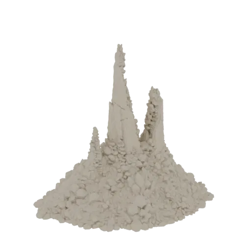 3D рендер группы зубчатых скальных шпилей с острыми вершинами и основанием из обломков, изолированный на белом фоне.
