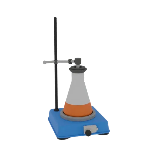 3D-модель лабораторной горелки для класса, вид в профиль, технический рендер в видоискателе, показывающий стекло, узнаваемые