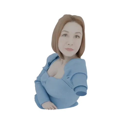 3D рендер женщины с каштановыми волосами в синем платье, представленной в виде бюста.