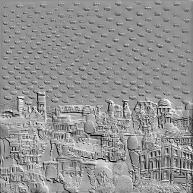 3D модель барельефа с изображением архитектуры Минска под облачным небом