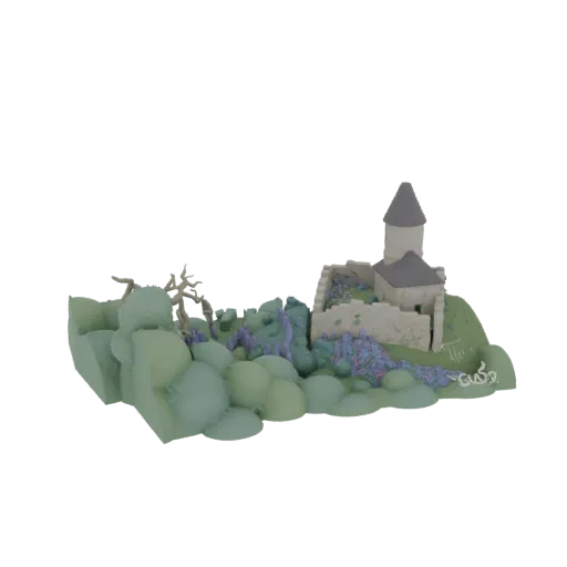 3D рендер миниатюрной диорамы волшебного замка с каменной крепостью, зелеными холмами и фиолетовой и синей флорой.