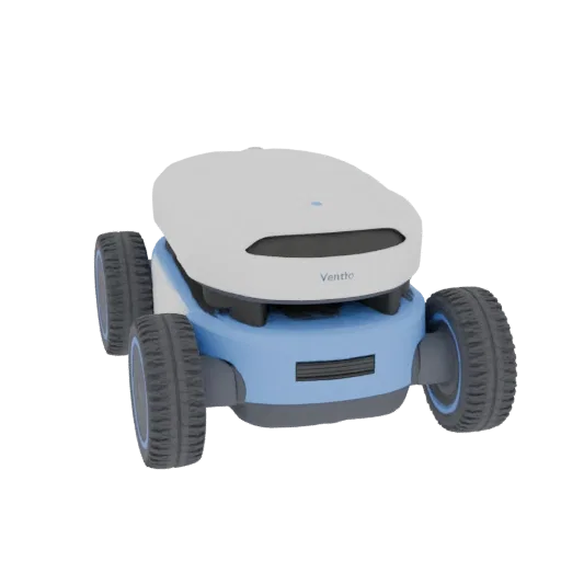 3D модель робота-доставщика "Венто" с белым корпусом и голубыми элементами, на четырех колесах, на белом фоне