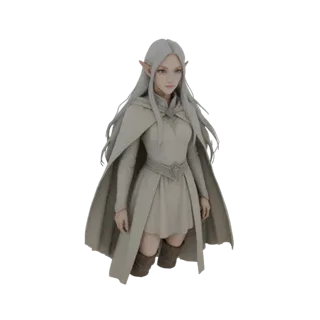 3D model of an elegant elf sorceress with long white hair, pointed ears, and a detailed fantasy gown and cloak.