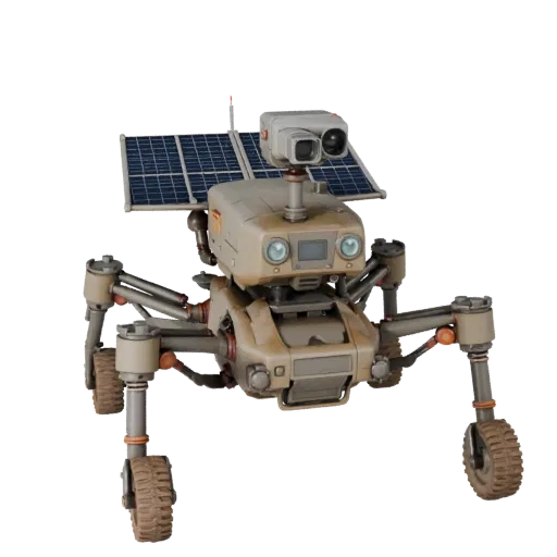 Реалистичная 3D-модель Prospector Drone Scout, трехчетвертной студийный рендер, показывающий пыльные колеса, положение трансп