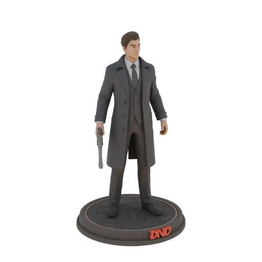 3D модель мужчины в сером пальто и костюме, держащего пистолет, на круглой подставке с логотипом DND.