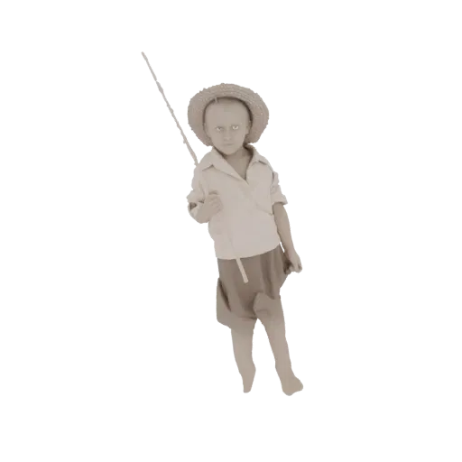 3D модель юного рыбака в соломенной шляпе с удочкой, в сепия-тонах.