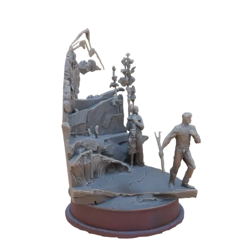 3D модель диорамы с отцом и ребенком в горном пейзаже со скалистым рельефом и деревьями.
