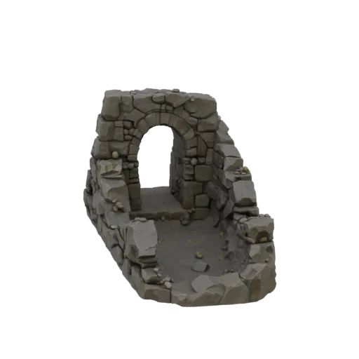 Печатаемая 3D модель сегмента шахтного тоннеля, изометрический рендер STL для настольных игр, показывающий состаренный камень