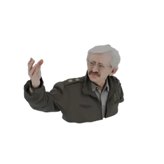 3D model of an elderly man with gray hair and glasses, wearing a military-style jacket, gesturing with his left hand.