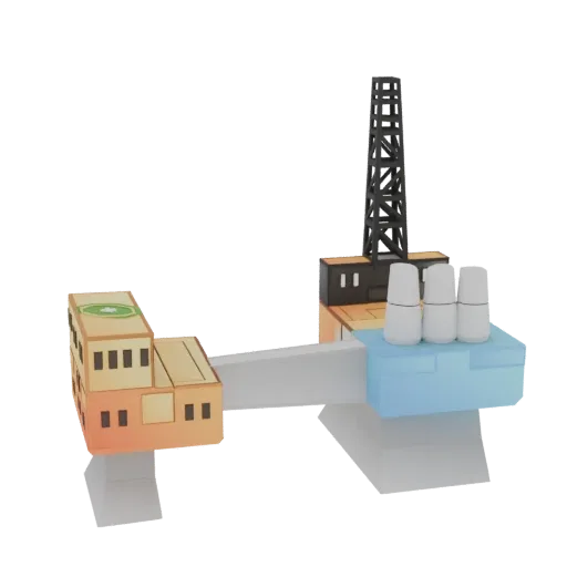 3D модель нефтяной платформы с вертолетной площадкой, жилыми модулями и высокой буровой вышкой на черном фоне.
