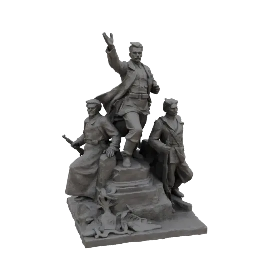 3D-модель советского памятника с тремя вождями революции в героических позах, один из которых поднимает руку.