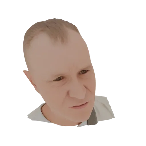 Рендер 3D модели мужской головы с короткими каштановыми волосами, смотрящей немного в сторону, одетой в футболку светлого цве