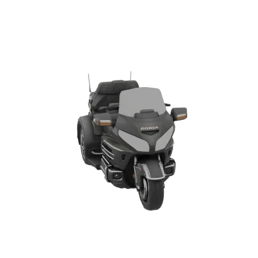 Вид спереди темно-серой 3D модели мотоцикла Honda Gold Wing Trike с большим ветровым стеклом и тремя колесами.