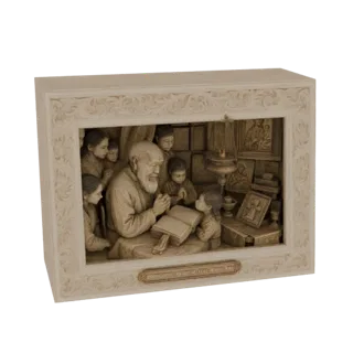 3D-модель старика, читающего книгу группе детей, в декоративной рамке.