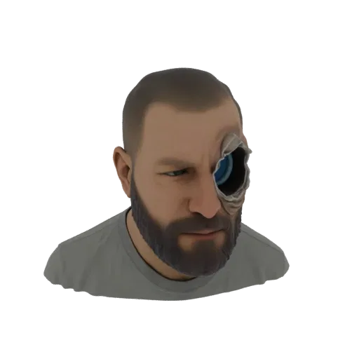 Рендер 3D модели человеческой головы с реалистичной заменой глаза киборга, показывающий механические детали и текстуру кожи.