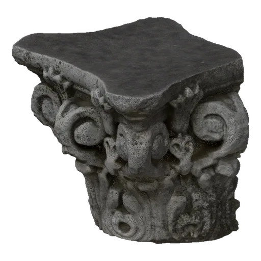 3D модель состаренного фрагмента каменного капителя с орнаментированной резьбой и грубой текстурой на черном фоне.