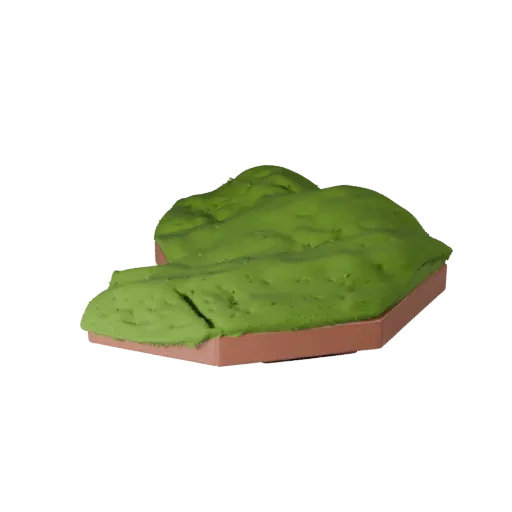 Тайл травянистого холма Unity 3D модель, изометрический вид, показывающий слои почвы, слоистые скопления растительности.